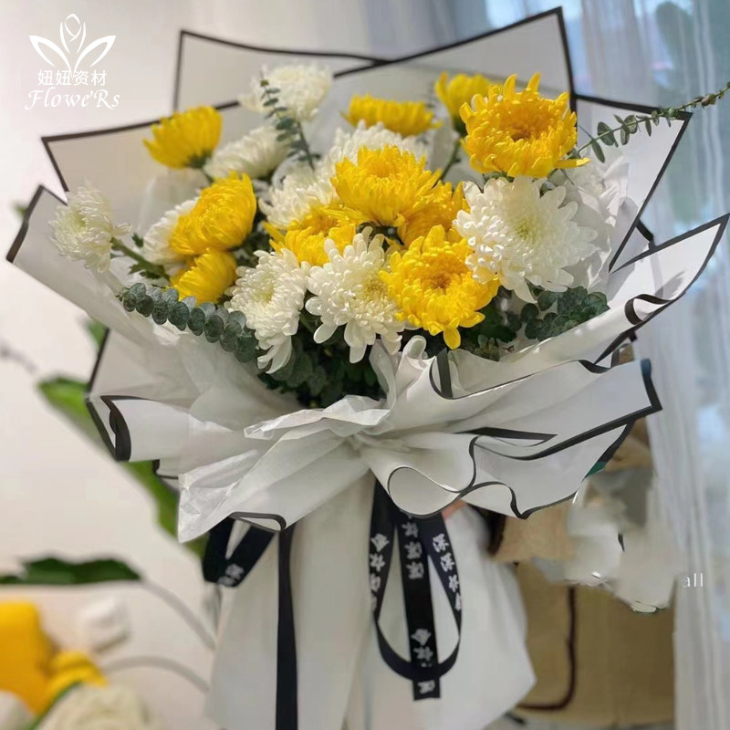 新品黑白贵族边框哑光膜菊花鲜花包装纸花束防水包花纸花店包装纸