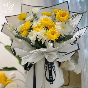 新品黑白贵族边框哑光膜菊花鲜花包装纸花束防水包花纸花店包装纸