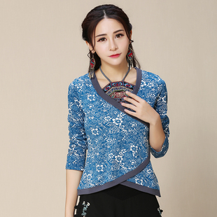 云南民族风春夏新款 上衣中国风长袖 复古假两件青花T恤打底衫 女装