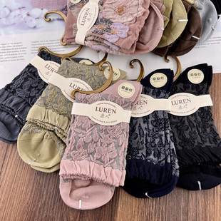 鹿人女桑蚕丝袜子复古时尚奢华无骨缝合柔软花边提花中筒袜3187