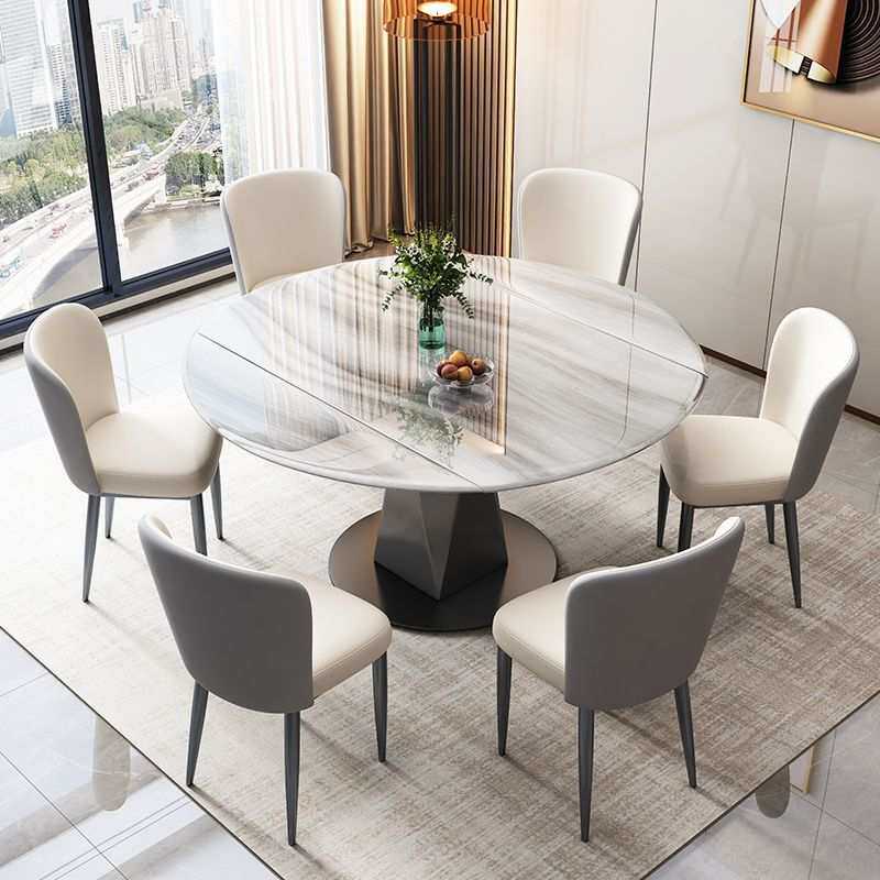 多功能餐桌家用伸缩超晶石折叠旋转家用微晶石现代简约圆形吃饭桌