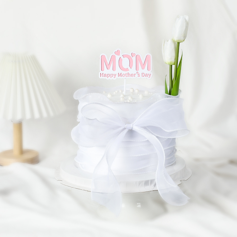 郁金香花束粉色MOM插件母亲节蛋糕装饰妈妈生日插牌白色纱围边