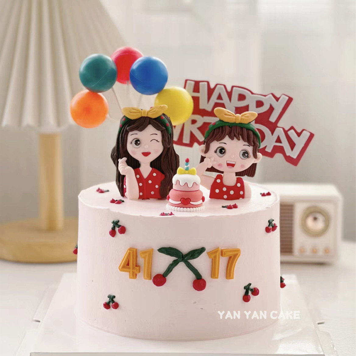 软陶母女蛋糕装饰摆件妈妈女儿同天生日插件带发箍女孩姐妹派对