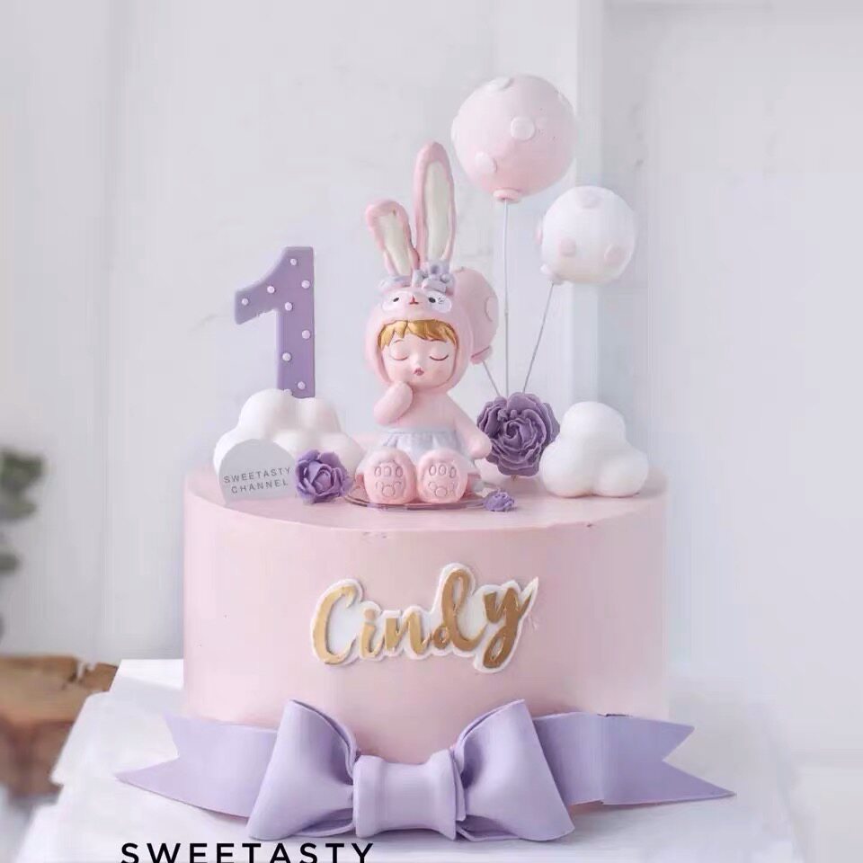 粉色兔宝宝摆件女孩小兔宝宝周岁满月百天儿童生日蛋糕装饰甜品台
