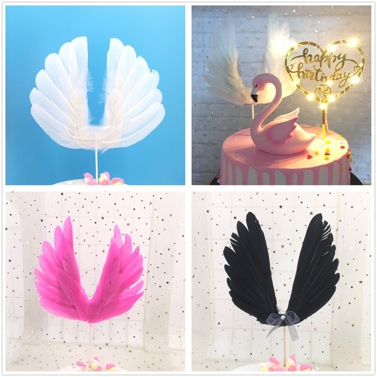 羽毛天使之翼白色插旗蛋糕装饰