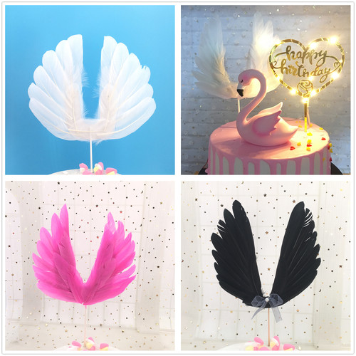 羽毛天使之翼白色插旗蛋糕装饰