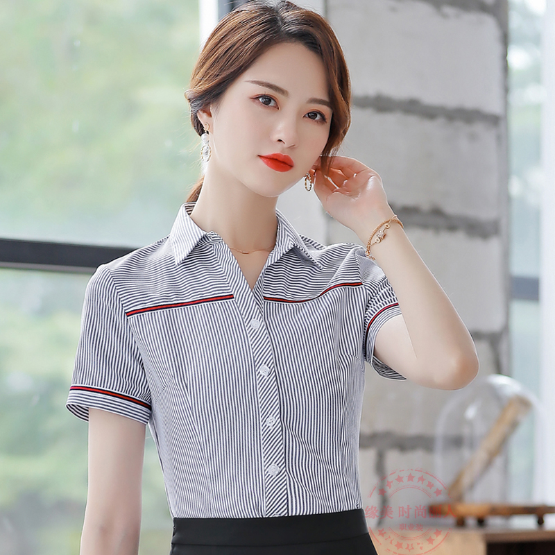 竖条纹修身百搭风职业装短袖衬衣