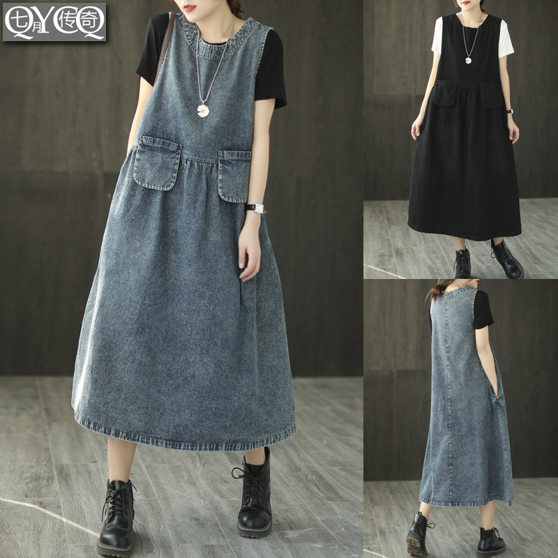 春韩版A字裙牛仔纯色无袖背心裙