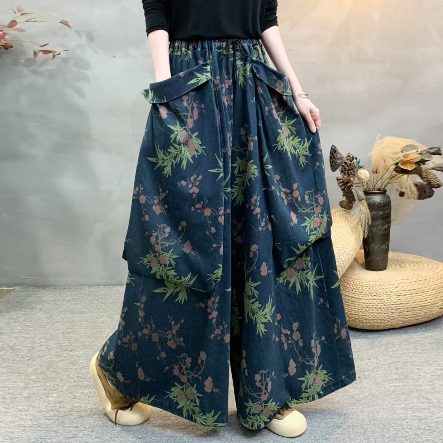 复古范牛仔碎花大宽腿裤女长裤秋