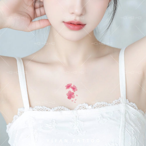 粉红樱花纹身贴女防水持久锁骨手