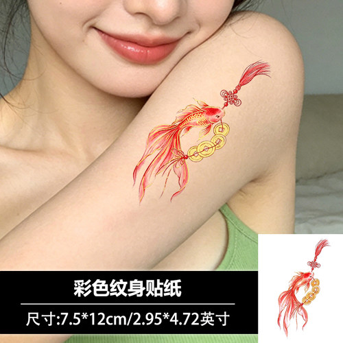 烫金中式铜钱锦鲤纹身贴中国结招财金鱼贴纸肩头防水临时纹身贴