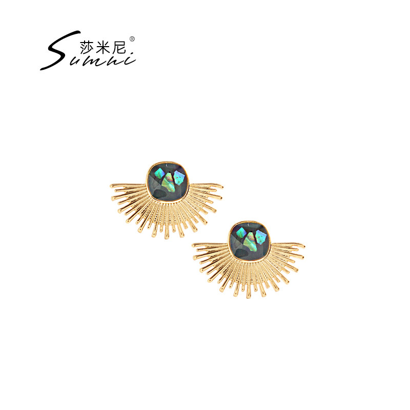 sumni/莎米尼18k包金S925银针古罗马风扇形文艺个性不规则耳钉