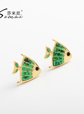 sunmi18K包金蓝色小鱼耳钉银针小巧精致小众独特气质耳饰女高级感