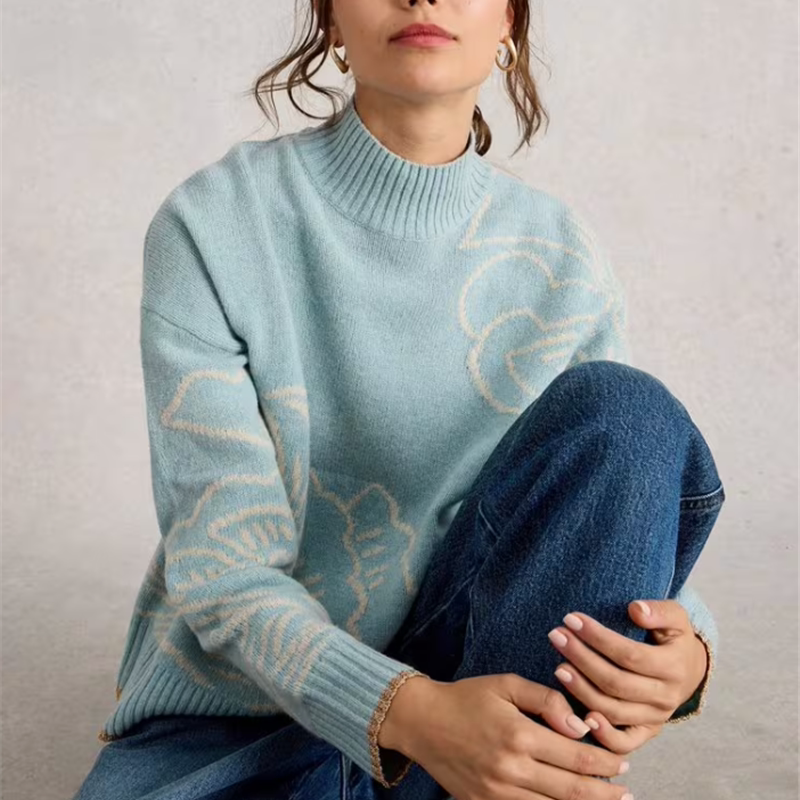 英国ws原单 羔羊毛慵懒风立体花朵刺绣毛衣女宽松高领针织衫蓝色