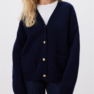 针织口袋纯色开衫 外贸纯元 新款 100羊毛偏厚V领春季 毛衣口袋 保真