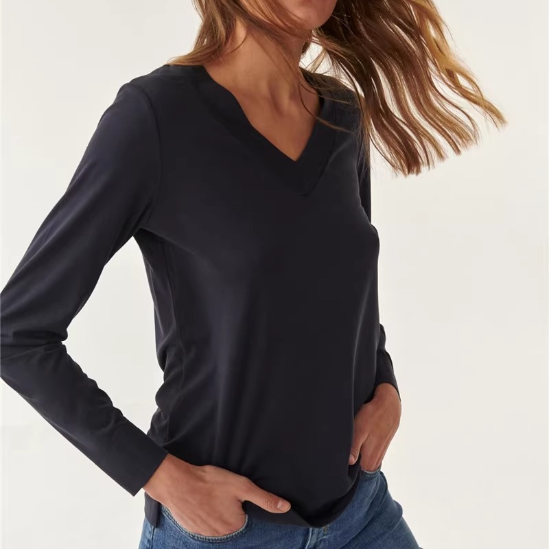 长袖v领原单尾货纯色简约打底