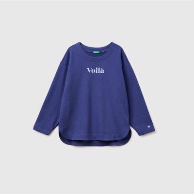 贝纳通字母印花纯棉情侣长袖T恤