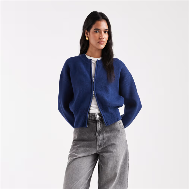 外贸纯元英国偏厚极简风拉链开衫毛衣女秋冬百搭休闲针织外套夹克