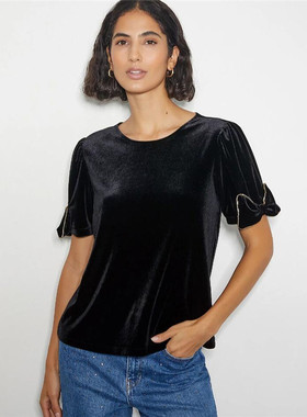 坚持外贸原单 英国mons* 天鹅绒蝴蝶结夏季女泡泡袖圆领上衣T恤