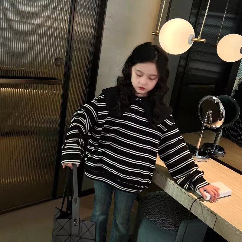 彡酱春秋女棉淑女条纹卫衣荷叶领