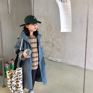 女童风衣外套洋气中长版戴帽风衣中大童韩版卡其色蓝色风衣亲子装