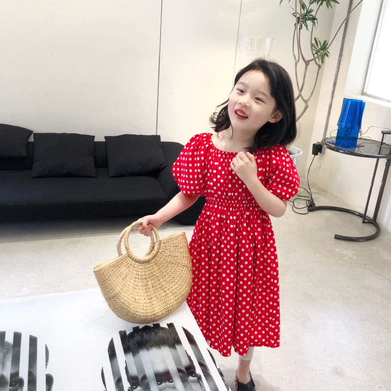 女童连衣裙中大童裙子复古红色波点裙2021夏季新款童装全棉度假风