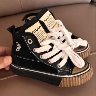 防滑透气侧拉链男童刺绣板鞋 小中大童户外高帮帆布鞋 系 新款 秋季