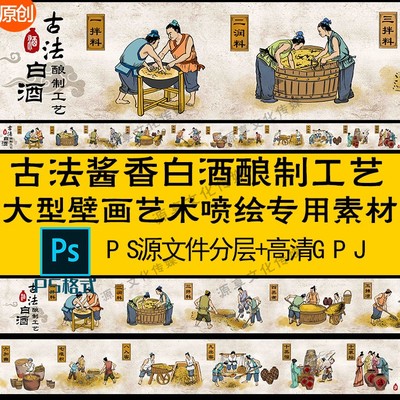 3501酿白酒工艺流程线白描线稿图案插画设计壁画喷墙绘素材ps格式