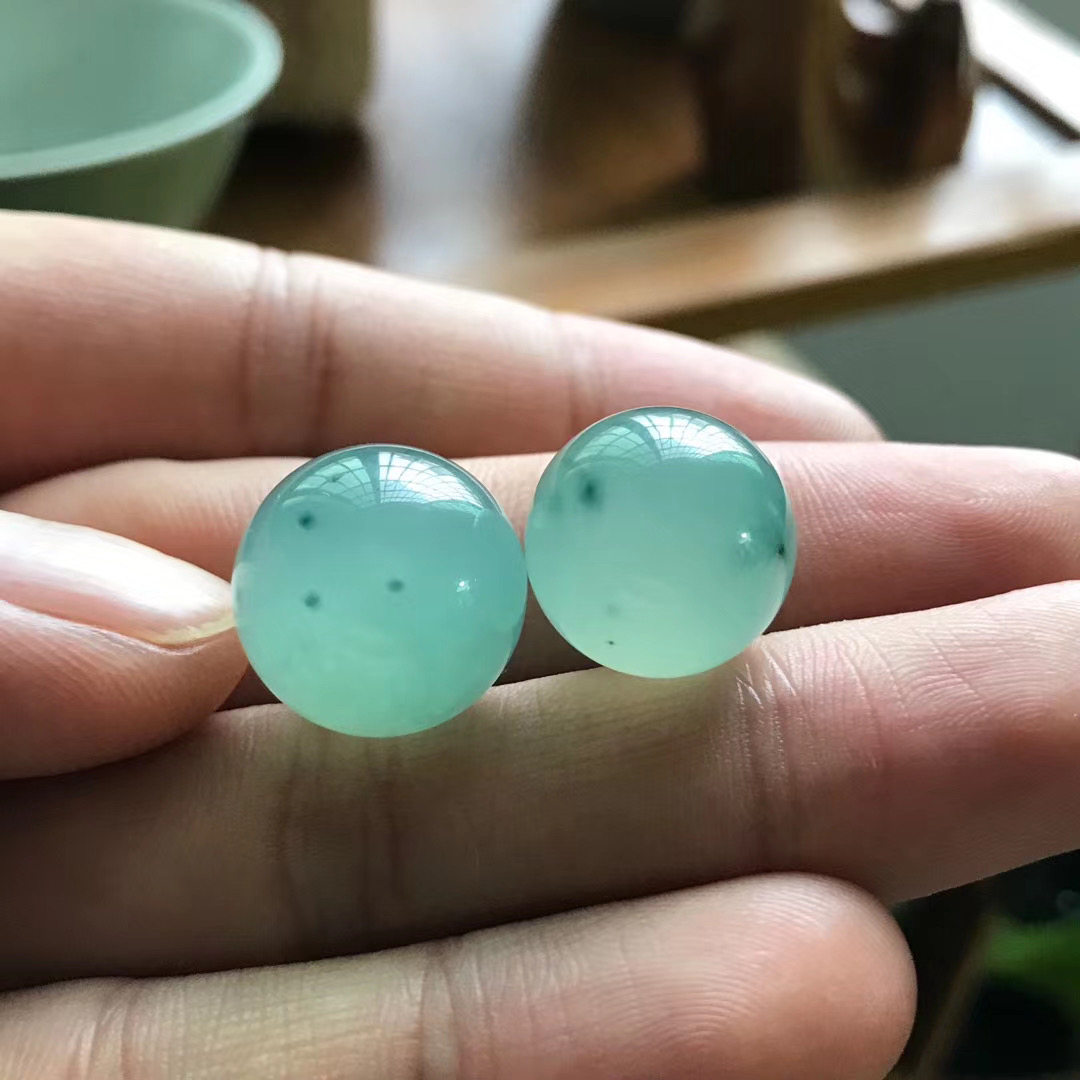 妙玉连珠 缅甸天然a货翡翠冰种湖水蓝大冰珠蓝水蓝底16.5mm15.5mm