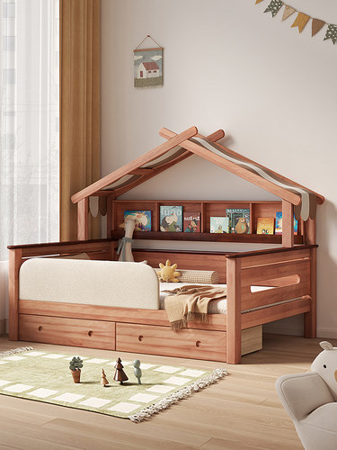 红檀木树屋床儿童单人床带护栏全实木双人床书架一体榻榻米组合床