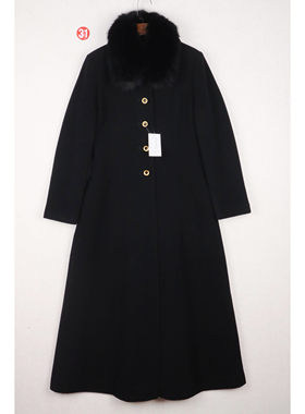 日本制LAST SCENE 黑色狐狸毛领单排扣羊毛呢大衣女修身超长款冬