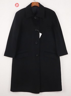 苏格兰制Johnstons OF ELGIN 黑色娃娃领单排扣羊绒大衣女中长款