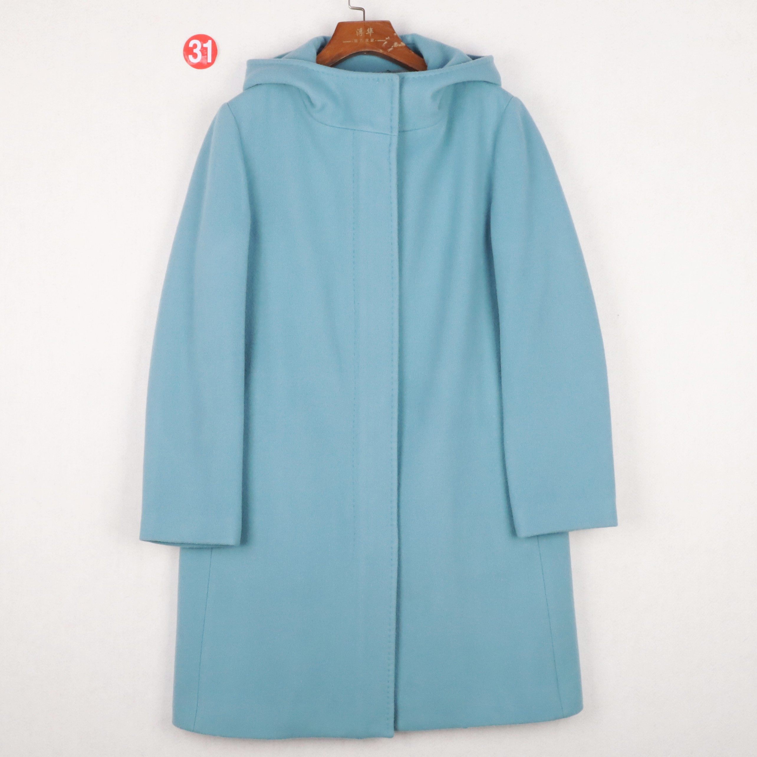 法国品牌MICHEL KLEIN学院风湖蓝色连帽拉链100%羊毛大衣女中长款,女装/女士精品,毛呢外套,淘宝优惠券,粉丝福利购,淘宝优惠卷