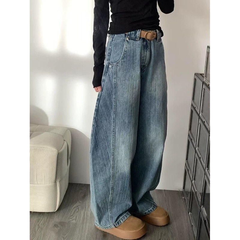复古美式牛仔裤女2025新款超大码梨形身材宽松高腰显瘦直筒阔腿