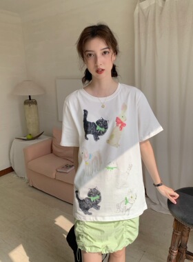 fullmoon满月 彩色动物印花t恤短袖女2025春季新款套头可爱上衣