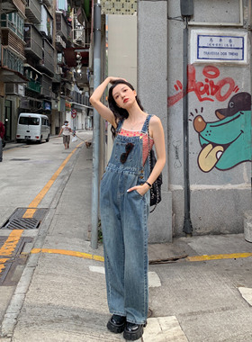 fullmoon  复古蓝色做旧背带裤女2024春季休闲街头连体长裤阔腿裤