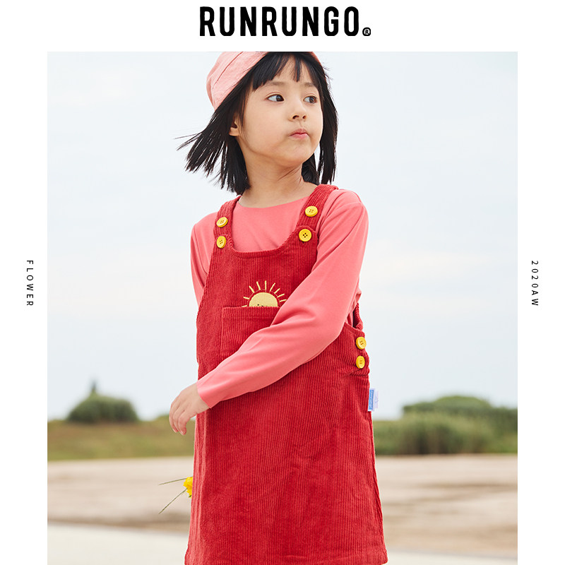 RUNRUNGO2023春秋新款女童洋气连衣裙宝宝纯棉休闲灯芯绒背带裙