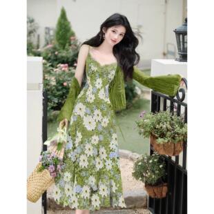 夏日多巴胺法式绝美牛油绿连衣裙轻奢镂空蕾丝吊带裙开衫两件套装
