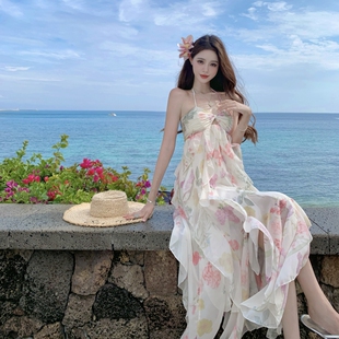 荷叶边碎花吊带连衣裙女夏季海边沙滩度假绝美不规则花边仙女长裙