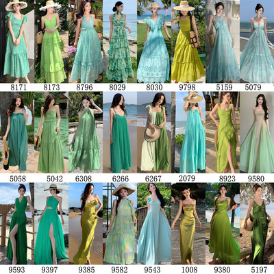 绿色露背连衣裙泰国三亚旅行大理洱海拍照海边度假沙滩裙开叉长裙