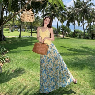 泰国云南海边度假套装女夏黄色挂脖抹胸吊带高腰碎花半身裙两件套