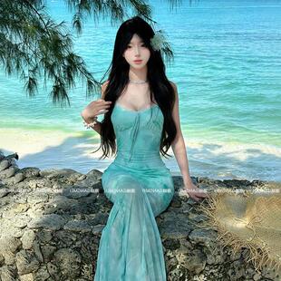 法式浅绿色印花网纱吊带连衣裙女夏海边度假纯欲性感鱼尾包臀长裙