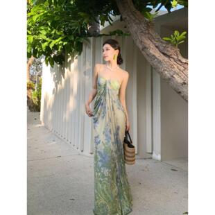 法式 绝美吊带长裙海边度假绿色印花连衣裙海岛裙三亚拍照沙滩裙子