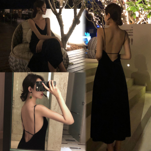 黑色海边渡假吊带沙滩裙女2025新款马尔代夫度假小个子连衣裙超仙