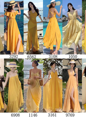 夏季新款巴厘岛海边度假黄色沙滩裙女复古显瘦韩版连衣裙超仙长裙