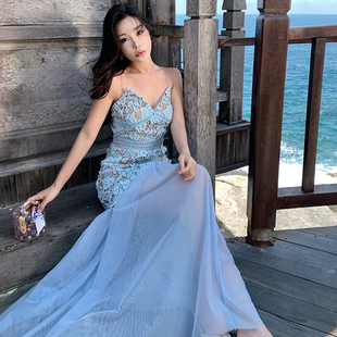 夏季新款韩版显瘦蕾丝勾花网纱裙吊带连衣裙波西米亚度假风两件套