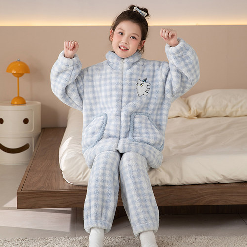 女童睡衣冬季法兰绒珊瑚绒家居服拉链立领女孩卡通可爱家居服套装