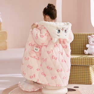 儿童睡衣女童冬季三层夹棉长款睡袍居家服小女孩儿童家居服亲子装