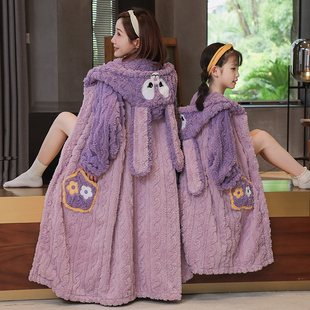 儿童睡衣女童法兰绒秋冬长款睡袍女孩珊瑚绒加厚保暖亲子装居家服