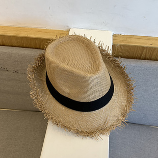 草帽夏季毛边爵士帽防晒遮阳帽时尚百搭男女礼帽新款卷边帽ins